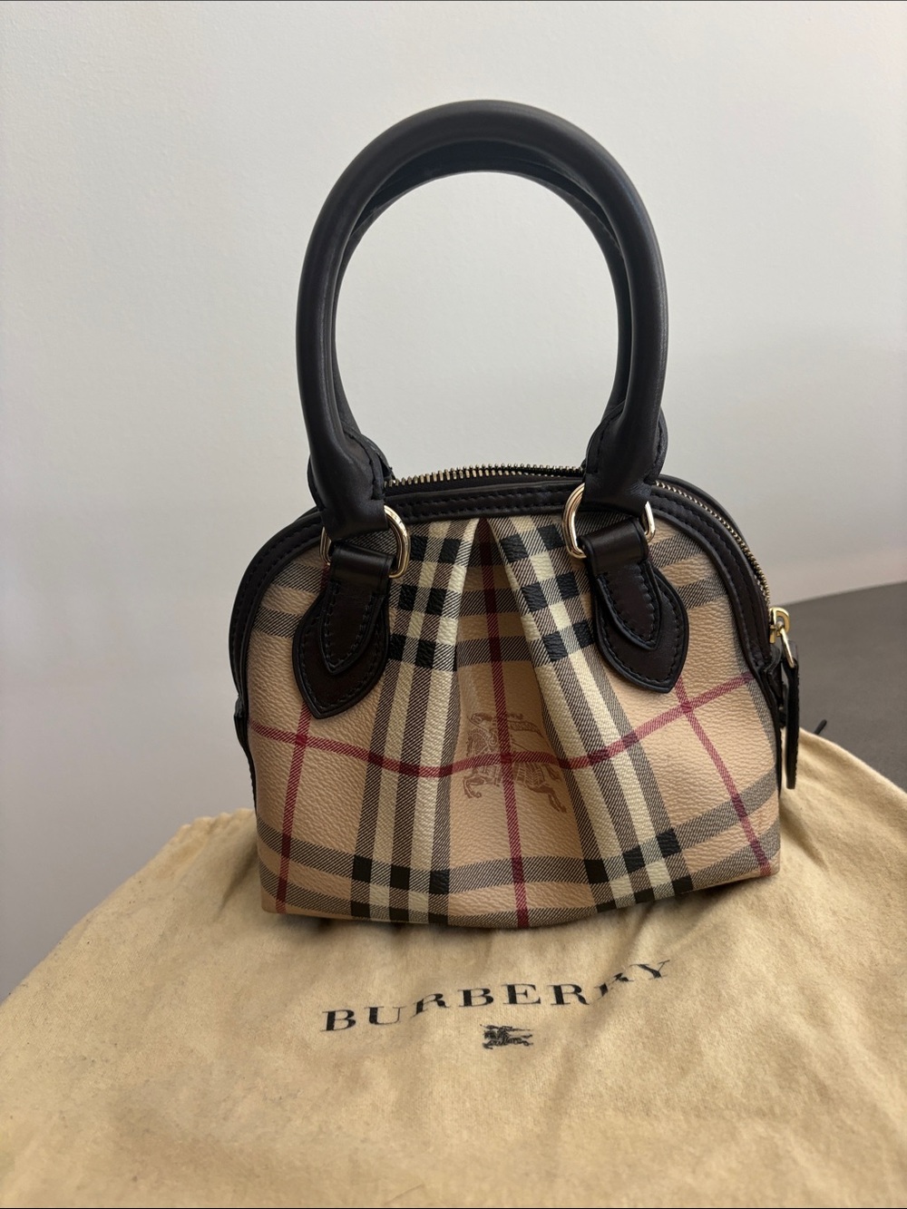 Burberry Beige Check Mini Bag with Dark Brown Leather Handles